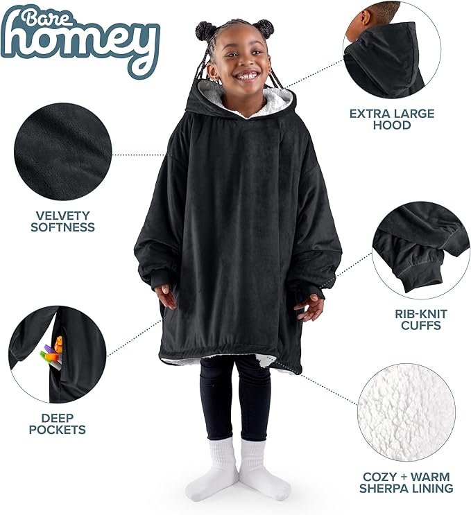 Bare Home Wearable Blanket Hoodie - Soft Plush Sherpa - Warm and Cozy - Oversized Wearable Blanket - Adult & Kid Sizes