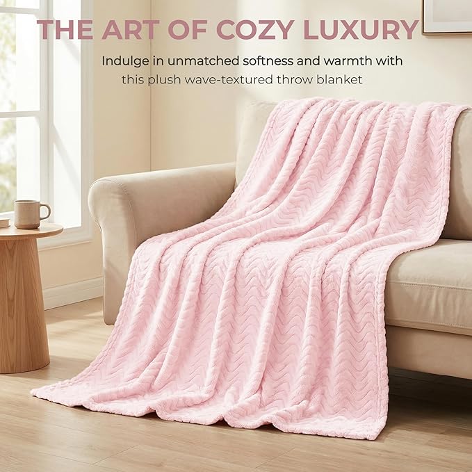 Exclusivo Mezcla Fleece Throw Blanket for Couch, Cozy Lightweight Blankets for All Season, Decorative Giftable Fuzzy Plush Wave Textured Throws for Women, Men, Light Pink, 50x70 Inches