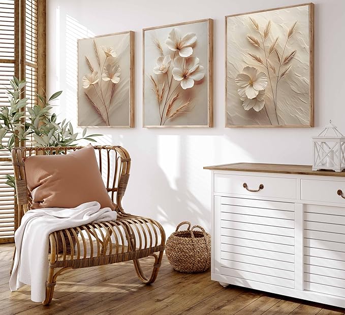 3Pcs Neutral Beige Floral Botanical Canvas Wall art Modern Simple Texture Flower Plant Painting Picture Wall Decor Vintage Blossom Poster Print Artwork for Living Room Bedroom Bathroom Unframed