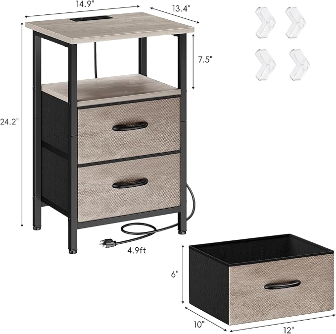 Vagusicc Night Stand Set 2, Nightstand with Charging Station, Bedside Tables with USB Ports and Outlets, 24.2" Tall End Table with Open Shelf, Bed Side Tables with 2 Fabric Drawers for Bedroom, Greige