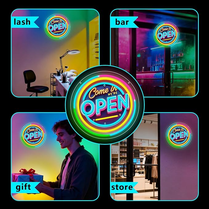 Neon Open Sign for Business, 13 * 13'' Colorful Adjustable Brightness Come in We’re Open Sign for Business Walls Window Party Bar Salon Shop Hotel