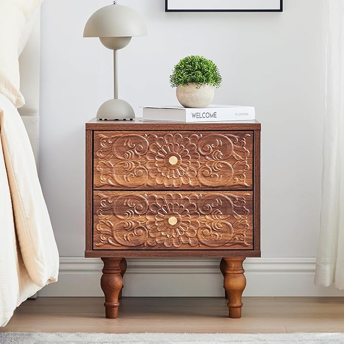 Nightstand, Farmhouse Bedside Table with 2 Drawers and Metal Handles, Wood Sofa Side Table End Table Accent Dresser for Bedroom, Living Room (Walnut-2 Packs) (15.75 x 16.02 x 18.15 Inch)