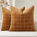 MIULEE Decorative Chenille Check Throw Pillow Covers Vintage Plaid Couch Pillows 20x20 Inch Set of 2 Neutral Boho Farmhouse Cushion Covers Modern Spring Home Decor for Sofa Bed Living Room Bronze
