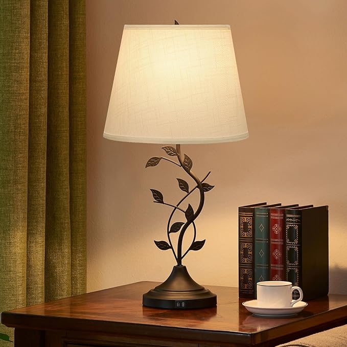 Kakanuo USB Table Lamp Bedside Lamp with USB C Charging Ports, White Traditional Nightstand Lamp Desk Lamp Large Retro Table Lamp for Bedroom and Living Room