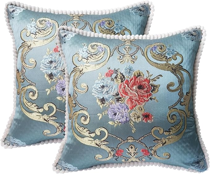 SZHELEJIAM Pillow Cover 18x18 Set of 2,Embroidered Jacquard Throw Pillow Covers,Vintage Floral Decorative Cushion Covers for Sofa, Bed,Lounger Blue