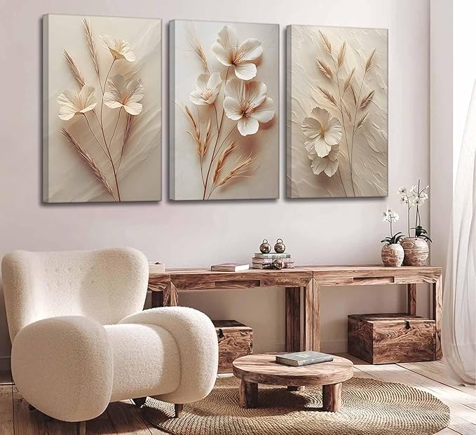 3Pcs Neutral Beige Floral Botanical Canvas Wall Art Modern Simple Texture Flower Plant Painting Picture Wall Decor Vintage Blossom Poster Print Artwork for Living Room Bedroom Bathroom