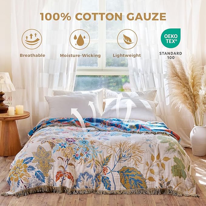 Boho Throw Blanket for Couch Sofa Chair Cotton Spring Blankets for Bedroom Living Room All Season Soft Lightweight Reversible Floral Embroidery Decorative Throws 50"x60" Home Decor