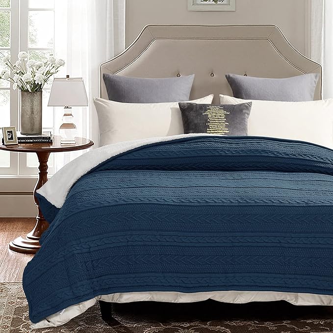 Longhui bedding Acrylic Cable Knit Sherpa Throw Blanket - Thick, Soft, Big, Cozy Grey Blue Knitted Fleece Blankets for Couch, Sofa, Bed - Large 60 x 80 Inches Gray Blue Coverlet All Season