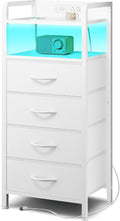 Night Stand Bedside Charger Bedroom - Nightstand with Charging Station, 2 U-S-B Ports & 2 AC Outlets, Tall Bed Side Table with LED Light Strip, Storage Shelf & 4 Fabric Drawers, White