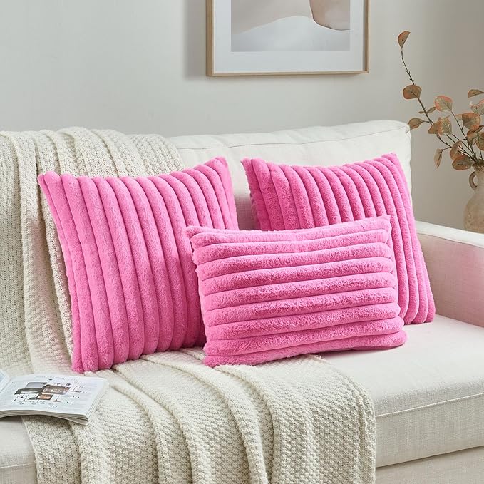 FUTEI Hot Pink Decorative Throw Pillow Covers Set of 2, 12x20 Inch Soft Fluffy Faux Fur Plush Striped Lumbar Pillowcases, Modern Home Decor for Couch Bed Living Room