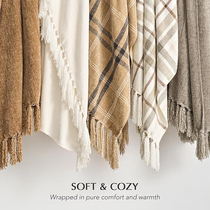 EverGrace Soft Chenille Throw Blanket for Couch, Cozy Plush Fuzzy Decorative Chenille Knit Throw Blanket with Tassels, Lightweight Blanket and Throws for Bed Sofa Gift Home Decor, Ivory White 60"x80"