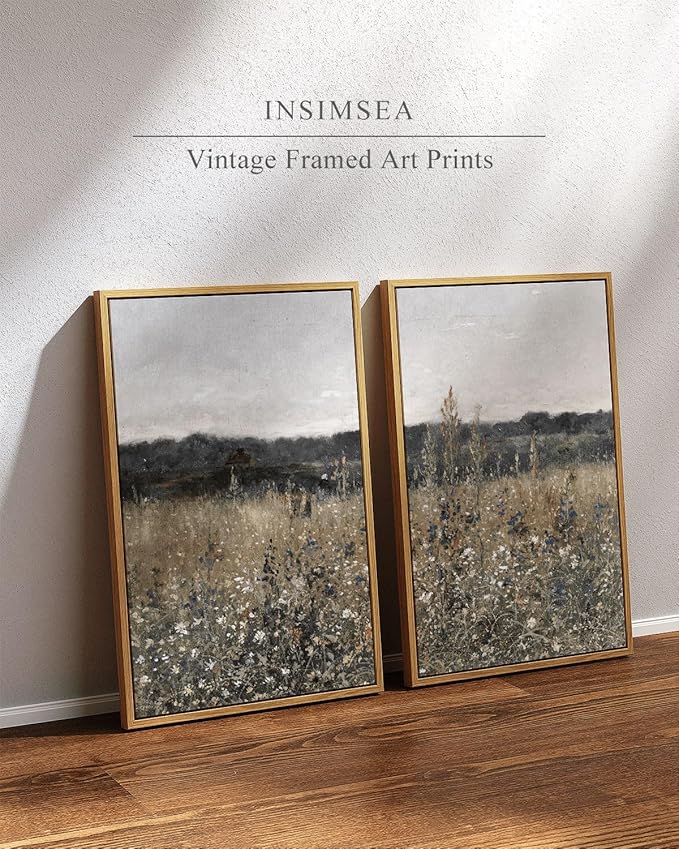 InSimSea 2 Pcs Framed Wall Art Vintage Landscape Decor, Meadow Scenery Paintings Above Bed Wall Decor, Canvas Prints, Living Room Bedroom Office Farmhouse Decorations, 16"x24" Set of 2