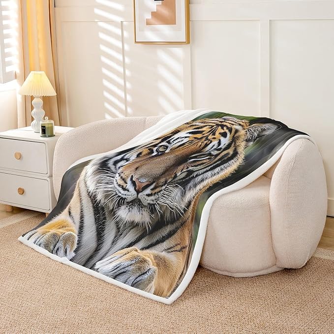 Tiger Blanket Throw, 3D African Wildlife Feline Carnivorous Animal Lying On The Stone Minimalistic Style Fleece Blanket, Decorative Sofa Sherpa Blanket Lightweights, Baby 30"x40", Black White