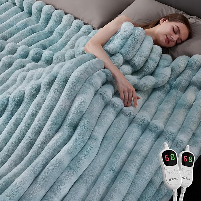 Heated Throw Blanket, Faux Fur Cozy Heating Blanket with Overheat Protection, 1/2/4/6/8 Hours Auto-Off 10 Heat Level, Machine Washable (84x90 Inches, Blue)