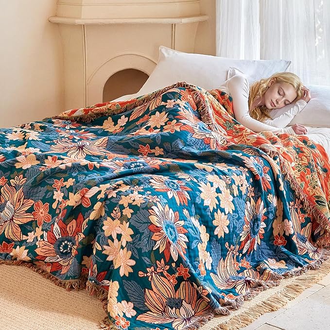 Boho Throw Blanket - 100% Cotton Ultra Soft Muslin Blanket, 50"x60" Lightweight Floral Framhouse Bedding Spring Blanket for Bed, All Season Green Bohemian Bedroom Home Decor Quilt