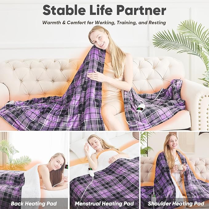 OCTROT Heated Blanket Electric, Twin Size 62X84, Heating Blanket with 10 Heating Levels & 8 Hours Auto Off, Purple Checkered Plaid Sherpa Blankets for Mom Grandma Women Couch