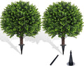 Artificial Boxwood Topiary Outdoor Plants with Spike, 2 Pack Faux Bushes UV Resistant Fake Shrubs for Front Porch Décor