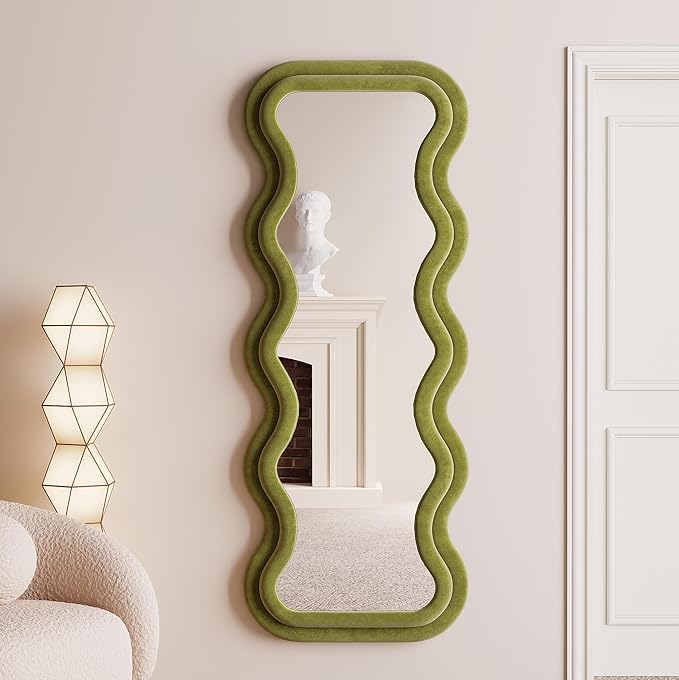 BOJOY Full Length Mirror 63"x24", Irregular Wavy Mirror, Arched Floor Mirror, Wall Mirror Standing Hanging or Leaning Against Wall for Bedroom, Flannel Wrapped Wooden Frame Mirror -Green
