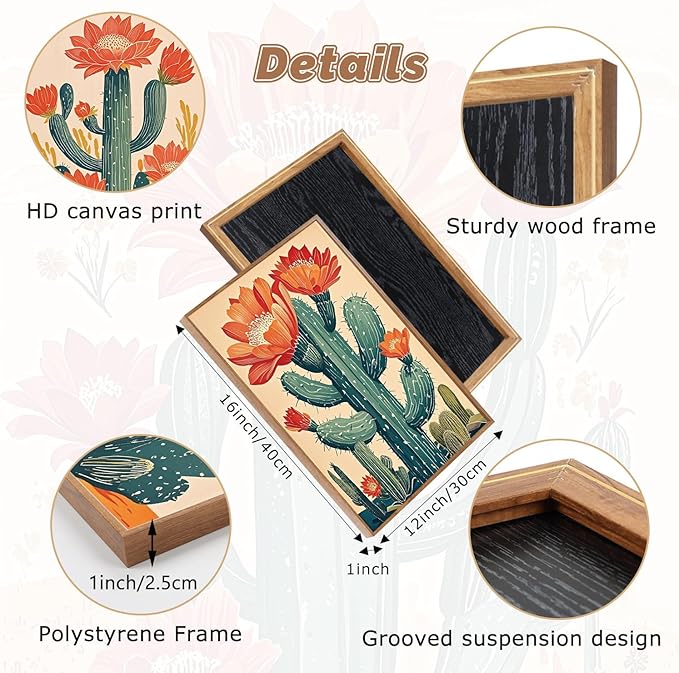 CHDITB Desert Cactus Framed Canvas Wall Art, Southwest Saguaro Wall Decor, Nature Plant Succulent Wall Painting, Tropical Botanical Flower Art Prints for Bathroom Living Room Bedroom Decor -12”x16”x3
