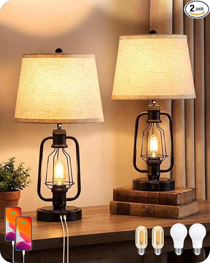 Farmhouse Table Lamps Set of 2, Industrial Bedside Table Lamps with USB Ports, Rustic Vintage Nightstand Desk Lamps for Living Room, Bedroom, 4 Bulbs Included, Beige and Black E14TLP205