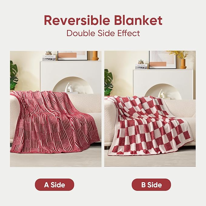 Snuggle Sac Red Checkered Christmas Blanket,Super Soft Reversible Twin Size Cozy Warm Throw Blanket for Couch Sofa Bedroom,Cute Lightweight Striped Blankets for Women,Heather Red,60x80 inches