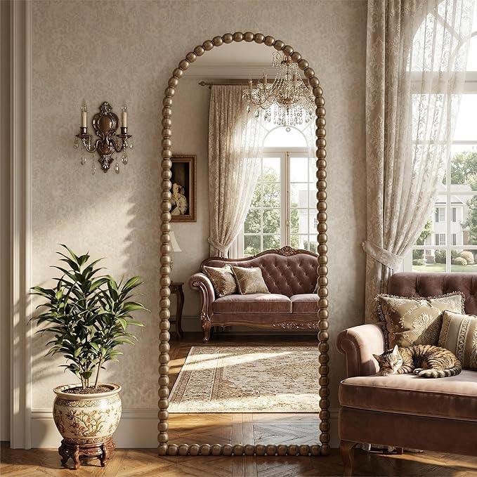 Antok 57" x 21" Arched Full Length Mirror, Antique Beaded Frame Floor Standing or Wall Mounted Mirror with Stand for Bedroom, Entryway, Bronze, Luxury Style