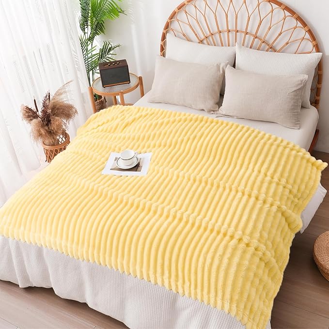 Vessia Flannel Fleece Light Yellow Twin Blanket(60x80inch), 300GSM Striped Blanket for Adults and Kids, Super Soft Warm Cozy Lightweight Home Decor for All-Season