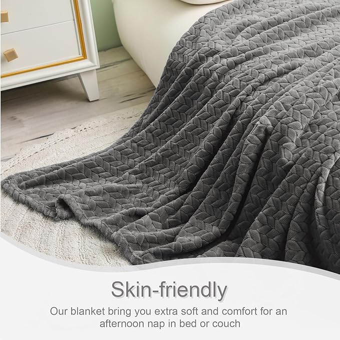 Exclusivo Mezcla Fleece Twin Size Blanket for Bed, 60x80 Inches Soft Cozy Jacquard Flannel Blankets, Lightweight Fuzzy Plush Warm for Women, Dark Grey