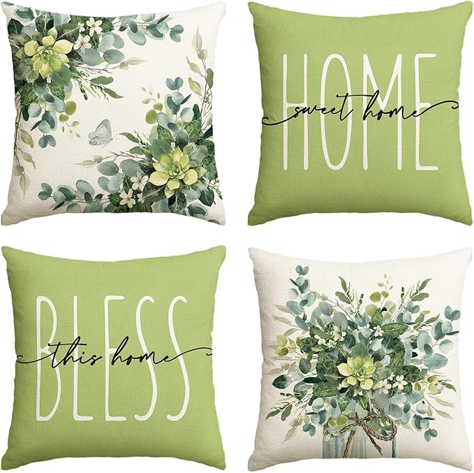 AVOIN Colorlife Home Sweet Home Eucalyptus Leaves Green Throw Pillow Covers, 16x16 Inch Spring Summer Seasonal Decorations Set of 4