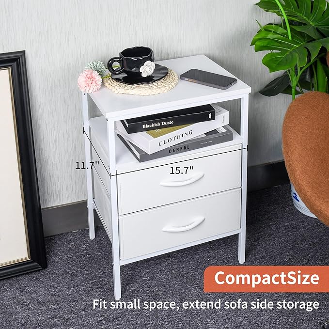White Nightstand with 2 Fabric Drawers, Modern Bedside Table with Storage & Open Wood Shelf, Stylish End Table for Bedroom
