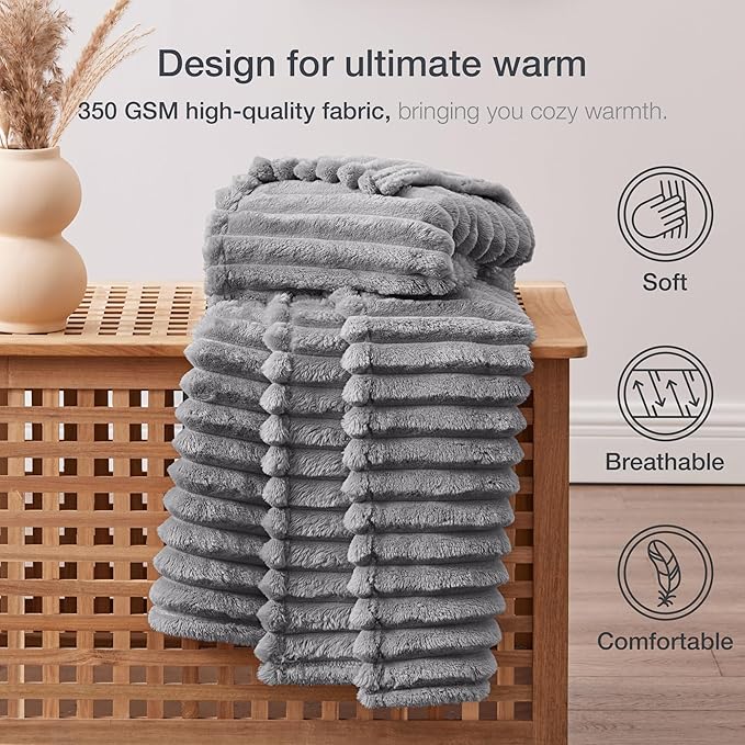 EXQ Home Fleece Blanket Twin Size for Couch or Bed - 3D Stripe Jacquard Decorative Blankets - Cozy Soft Lightweight Fuzzy Flannel Blanket Suitable for All Seasons(60"×80",Light Grey)