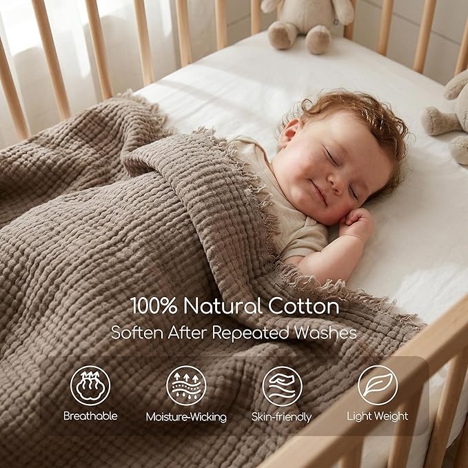 WDCOZY 100% Cotton Muslin Blanket Queen Size 4-Layer for Bed Breathable Lightweight Soft Large Boho Farmhouse Linen Tassels Ruffle Gauze Blankets 90x90 Inches Brown Mocha Chocolate Coffee Taupe