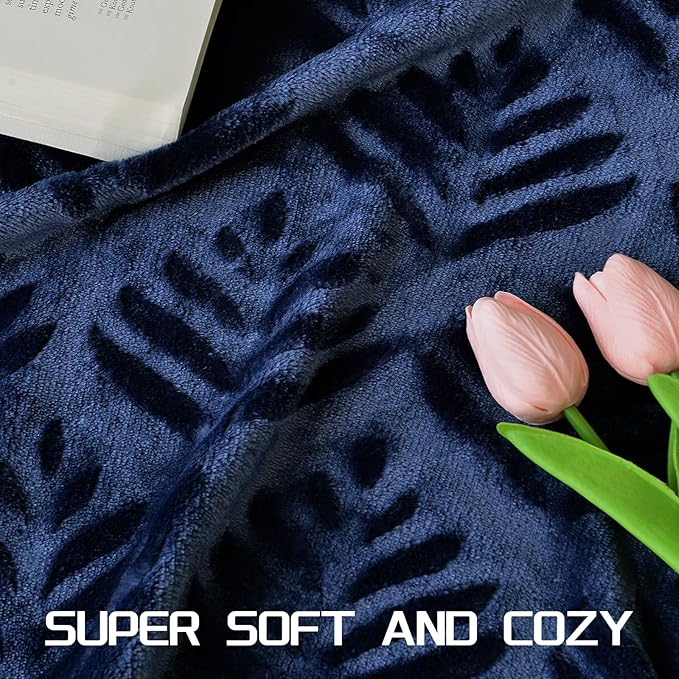 Exclusivo Mezcla Fleece Throw Blanket for Couch, Super Soft and Cozy Blankets All Season Use, Leaves Pattern, Plush Fuzzy Lightweight, Navy Blue, 50x60 Inch