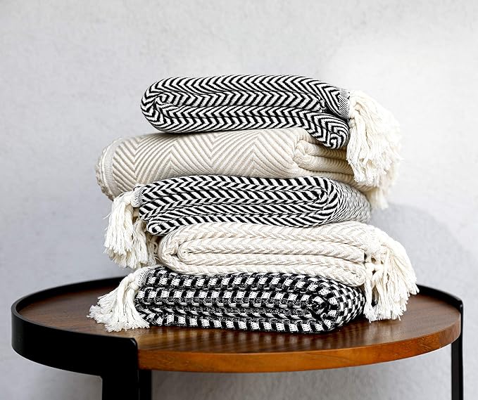Peshtemania Premium Cotton Light Weight Boho Throw Blanket 50”x60” Gray Black and Off White for Bed Chair Couch Farmhouse Turkish Throws for Sofa Bedroom Outdoor Fall Throw Blanket Yoga Blanket