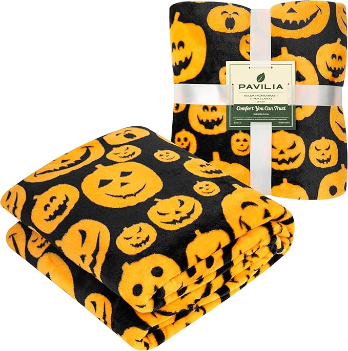PAVILIA Halloween Throw Blanket for Couch | Orange Pumpkin Fall Fleece Blanket | Soft, Plush, Warm Black Fall Cabin Throw, 60x80 (Pumpkin Halloween)