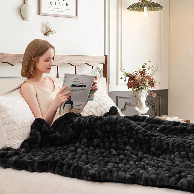 Ultra Soft Luxury Faux Fur Throw Blanket for Couch, Fuzzy Fluffy Plush Warm Cozy Ruched Blanket for Sofa Bedroom Living Room, Elegant Gift Idea for Women (50"x60",Tie-dye Black)