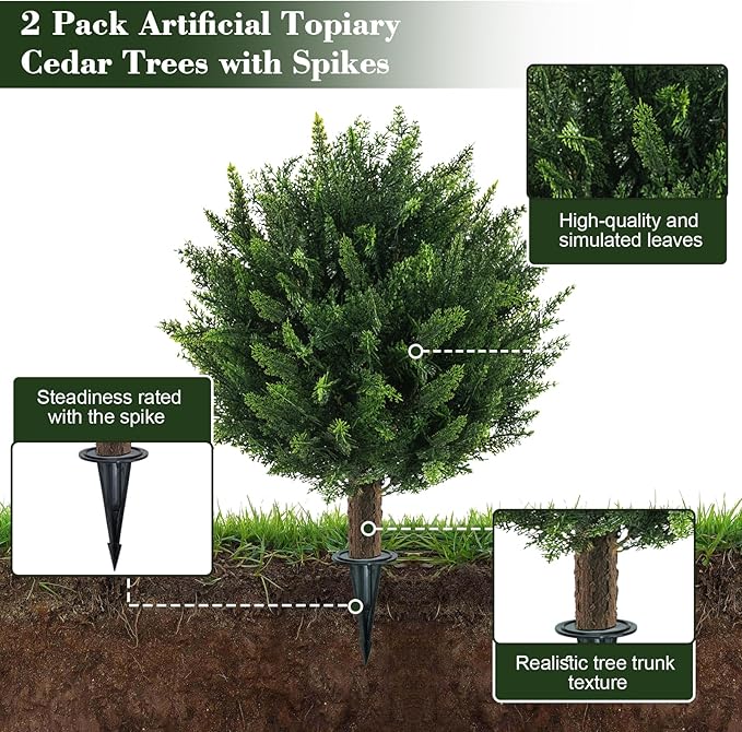 21" Artificial Cypress Topiary Outdoor Plants with Spike, 4 Pack Faux Cedar Bushes UV Resistant Fake Shrubs for Front Porch Décor