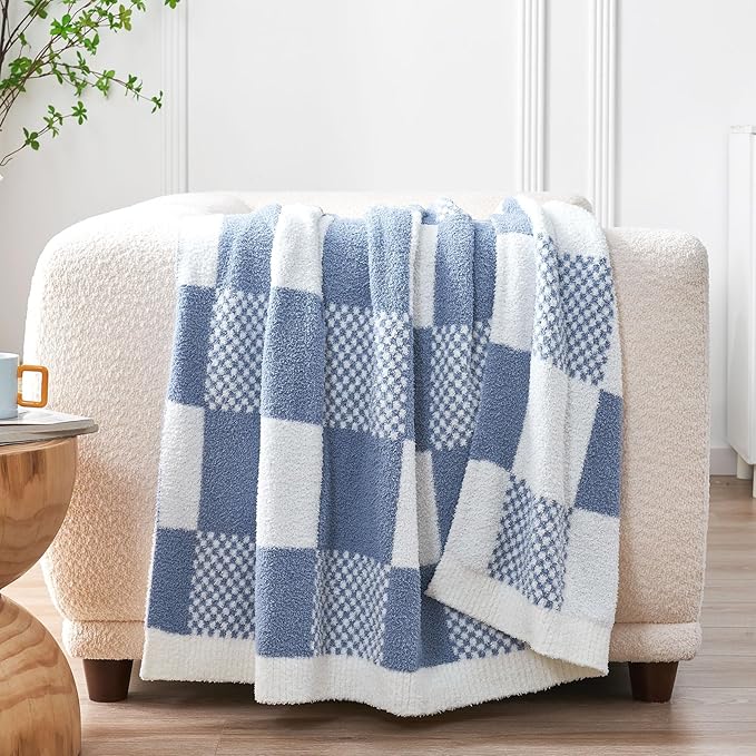 Snuggle Sac Checkered Blanket, Blue Throw Blanket for Couch Plaid Microfiber Fluffy Warm Fuzzy Cozy Soft Throw Blanket Reversible Checkerered Blankets for Sofa, Chair, Bed, 50x60 inches