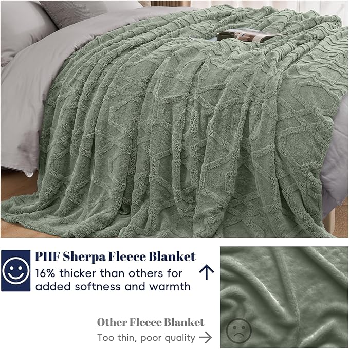 PHF Fluffy Sherpa Fleece Blanket King Size for Winter, Warm and Cozy, 510GSM 3D Tufted Shaggy Fleece Blanket for Sofa Bed, Sage Green, 108"x90"