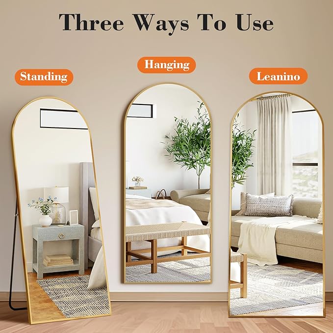 DUMOS 63.6"x20.6" Arched Full Length Mirror with Stand Floor Free Standing Aluminum Frame for Bedroom Body Hanging Leaning Modern Simple Home Decor Shatter-proorf Nano Glass Wall, Gold-Rounded