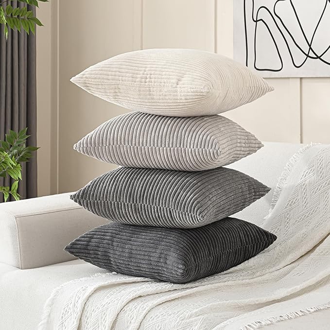 Volcanics Set of 4 Neutral Grey Corduroy Decorative Couch Throw Pillow Covers 20x20 Inch, Western Modern Farmhouse Striped Cushion Cases, Soft Boho Square Accent Pillow Covers for Home Sofa
