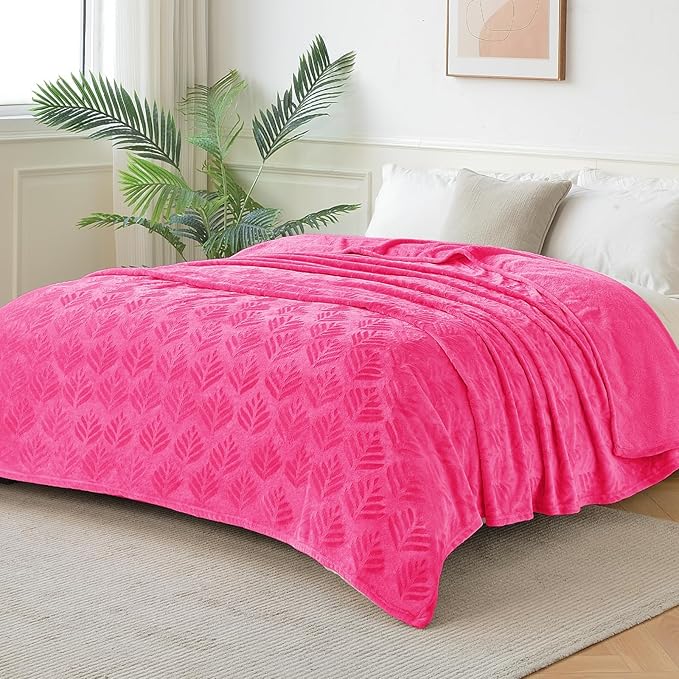 Exclusivo Mezcla Fleece Throw Blanket for Couch, Super Soft and Cozy Blankets All Season Use, Leaves Pattern, Plush Fuzzy Lightweight, Hot Pink, 50x60 Inch