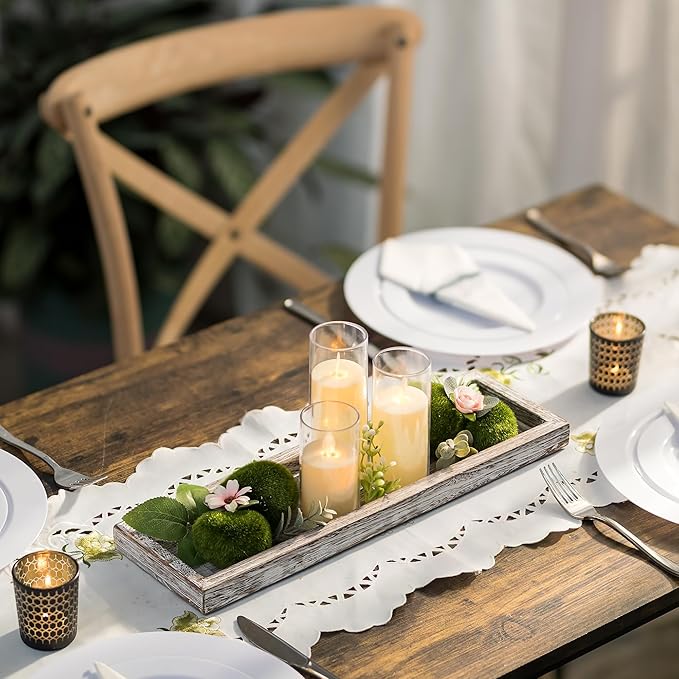 Romadedi Rustic Decorative Wood Candle Tray - 15" Wooden Long Narrow Tray Candle Holder, Farmhouse Small Trays for Coffee Table Centerpieces Dining Room Kitchen Countertop Home Decor, Whitewashed