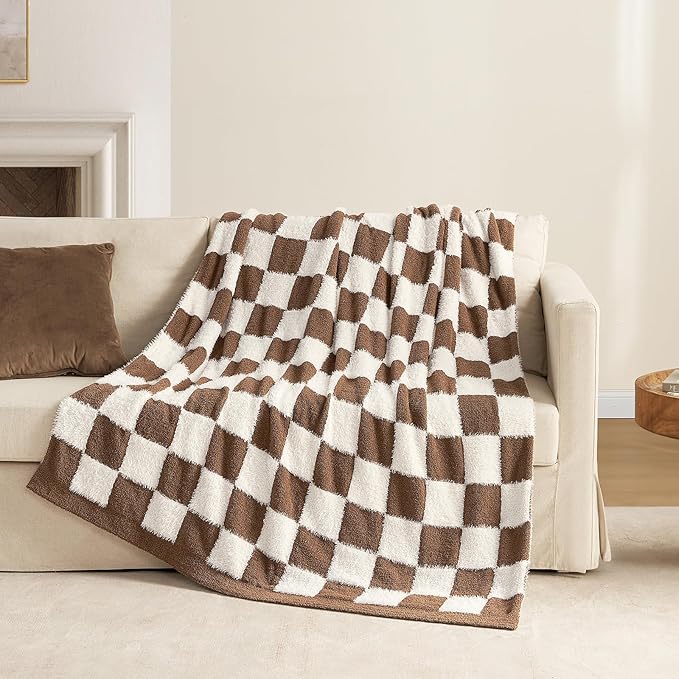 Snuggle Sac Brown Checkered Throw Blanket Faux Fur Microfiber Blankets for Couch,Cozy Soft Warm Blanket for Sofa Bedroom Living Room,Brown Checker,60x80 inches