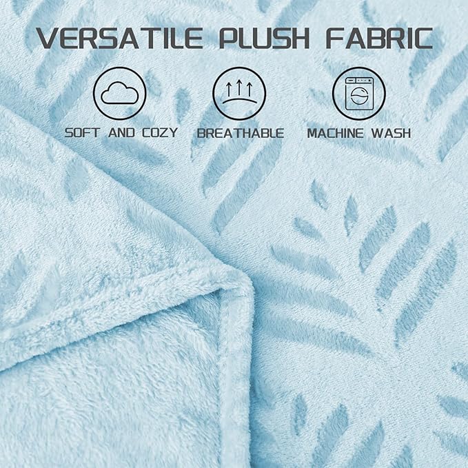 Exclusivo Mezcla Fleece Throw Blanket for Couch, Super Soft and Cozy Blankets All Season Use, Leaves Pattern, Plush Fuzzy Lightweight, Ice Blue, 50x60 Inch