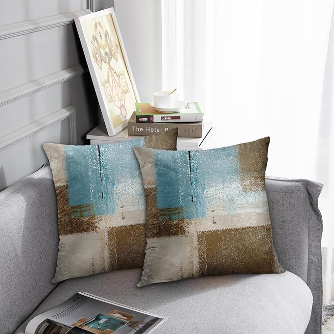 Britimes Throw Pillow Covers Modern Home Art Decor, 16 x 16 Inches Set of 2 Pillow Cases Decorative, Abstract Oil Painting Pillowcases for Bedroom, Living Room, Cushion Couch Sofa, Beige Blue