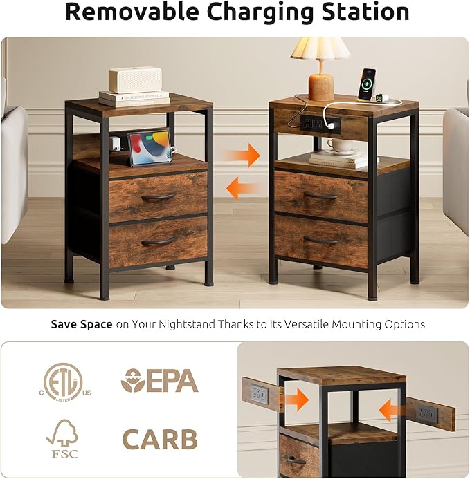 NightStand Bedside Charging Table Bedroom - Brown Night Stand with Charger Station, Modern Bed Side End Table with Open Shelf & 2 Fabric Drawers, USB-C Port for Dorm, Living Room