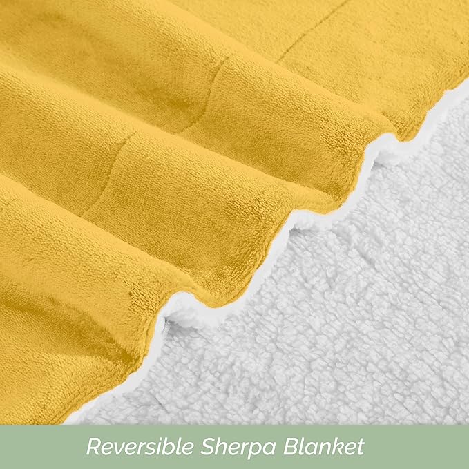 Elegant Comfort Ultra Soft Reversible Flannel Sherpa Blanket - Cozy Silky Fleece Throw for Couch, Bed - Plush Fuzzy Warm Winter Blanket for Gift, King, Yellow