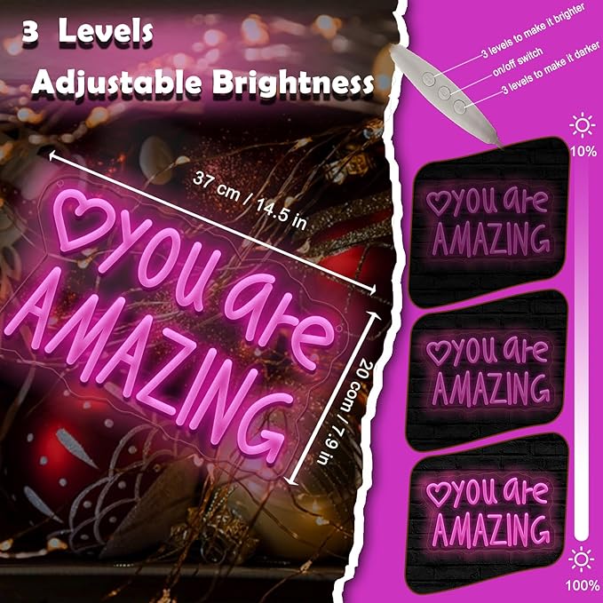 You Are Amazing Neon Sign Wall Decor for Bedroom Class Room Bar Pub Club Nursery Hanging,Dimmable USB Pink Led Light for Wedding Birthday Party Women Christmas Gifts