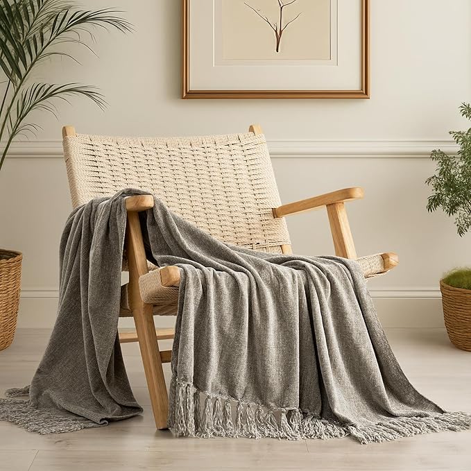 EverGrace Soft Chenille Throw Blanket for Couch, Cozy Plush Fuzzy Decorative Chenille Knit Throw Blanket with Tassels, Lightweight Blanket and Throws for Bed Sofa Gift Home Decor, Taupe 60"x80"